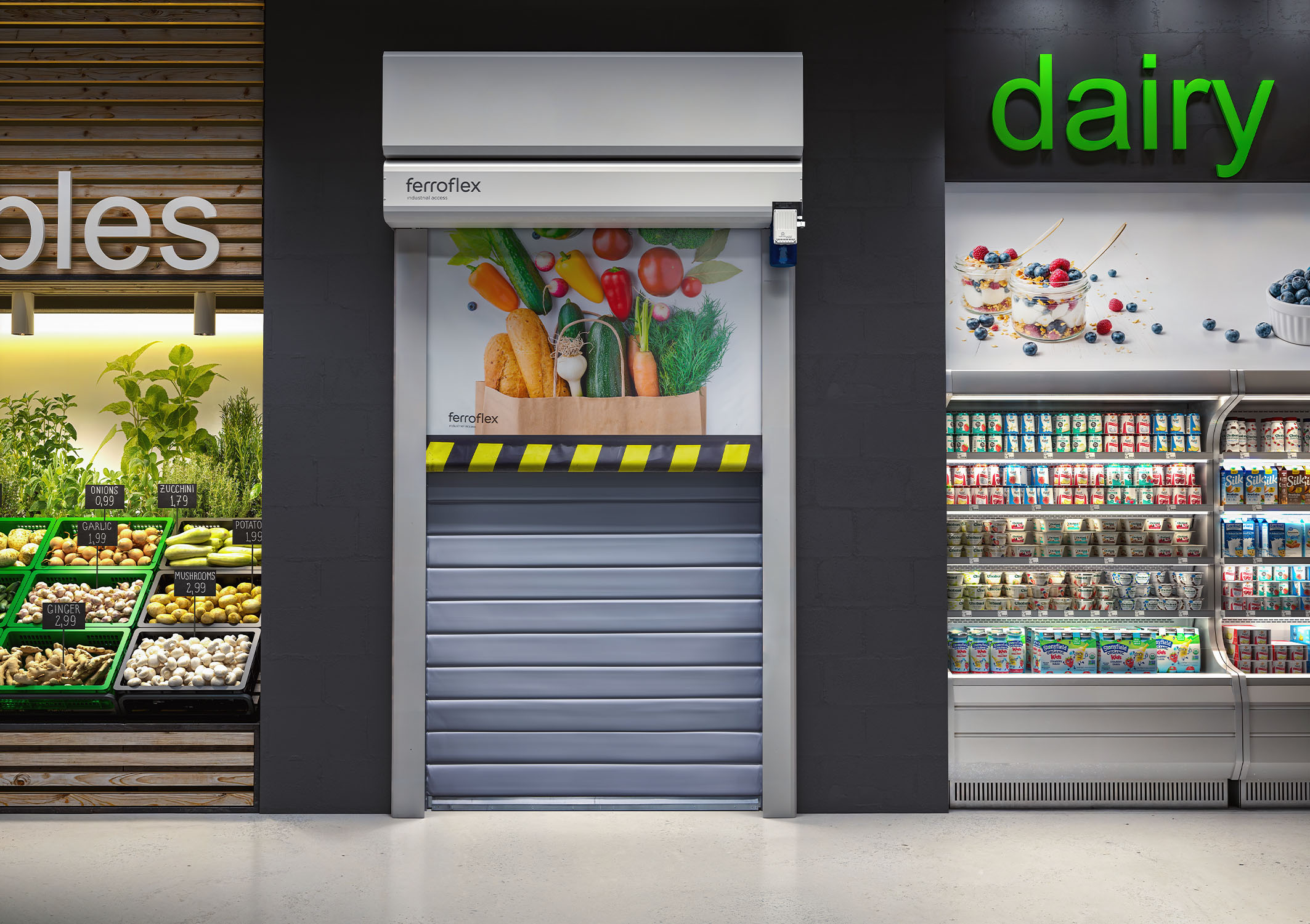 Puerta rápida con cortina ignífuga EI120 vista con cortina