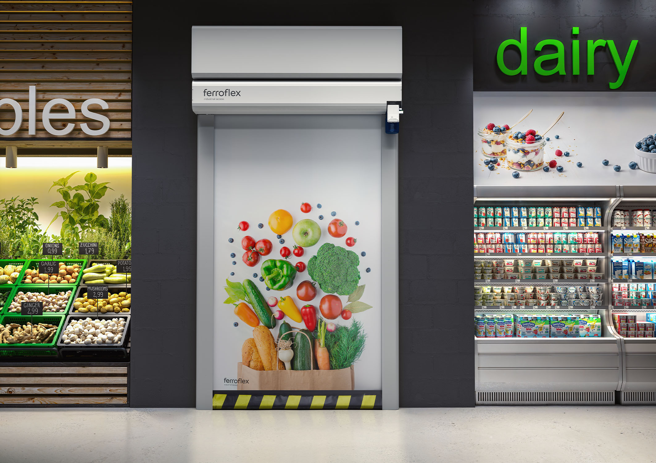 Puerta rápida con cortina ignífuga cortafuegos EI120 vista lona super bajada