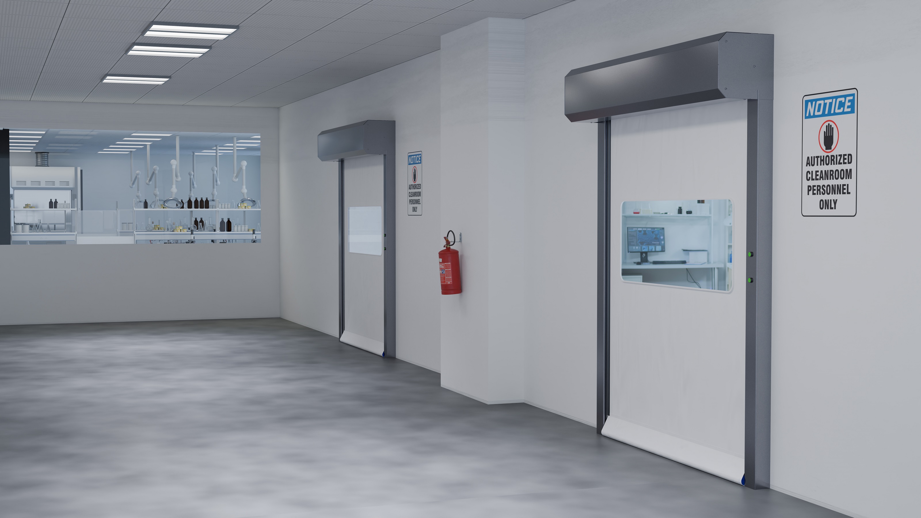 Puerta rápida laboratorios y salas blancas vista exterior